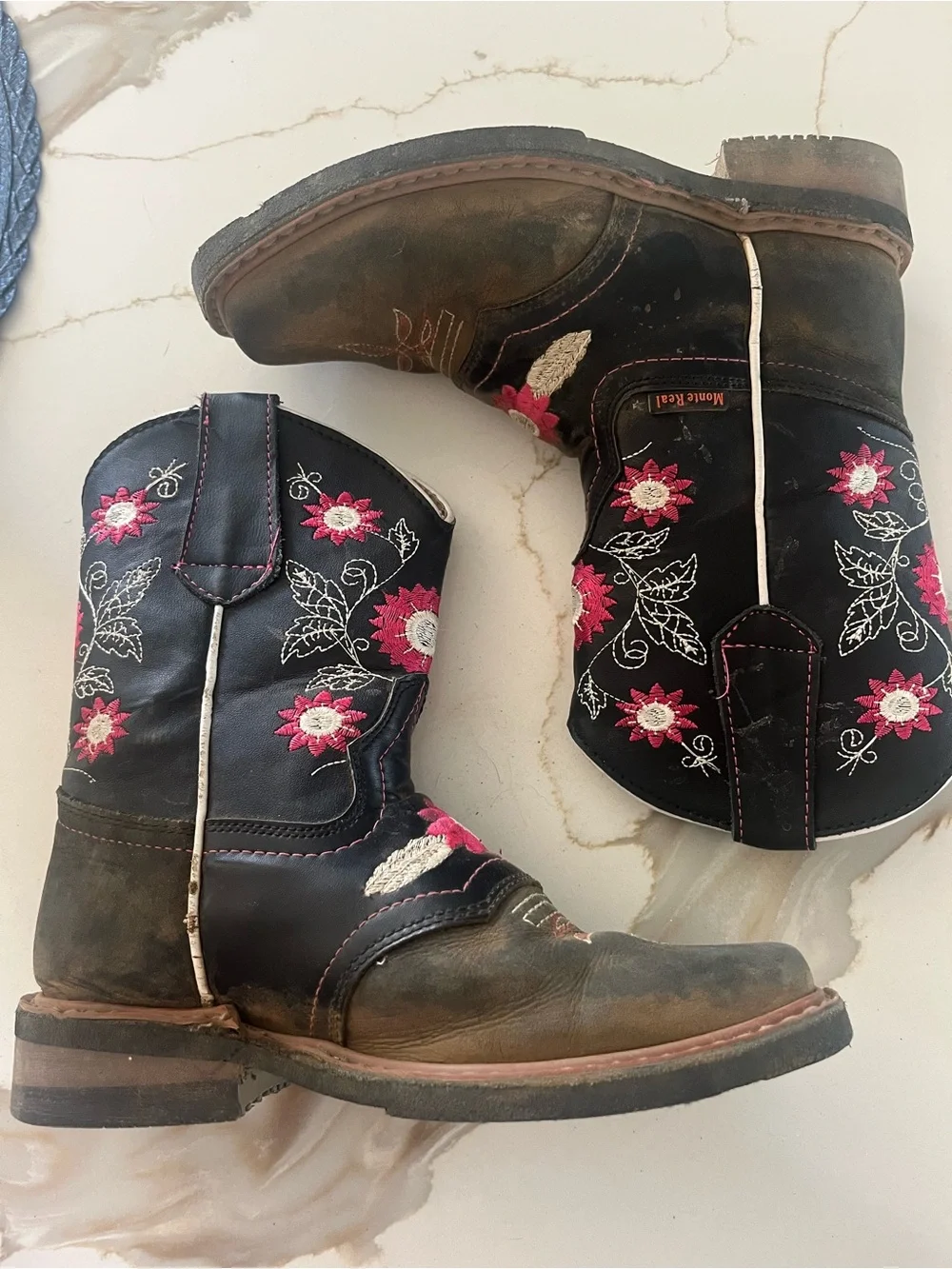 Kids Black & Brown Floral Embroidered Western Boots